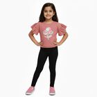 Girls' Dusty Rose Pink Round Neck Ruffle Sleeve Embroidered T-Shirt, गुलाबी, small