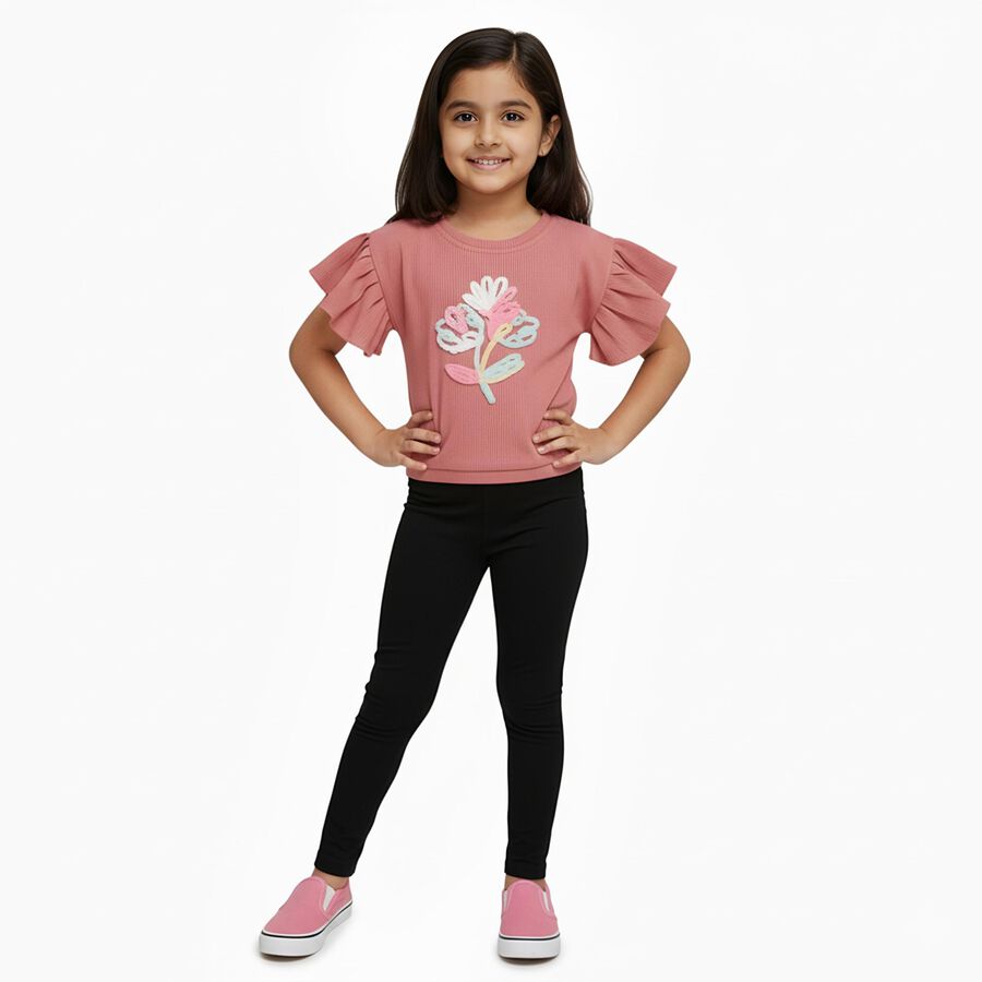 Girls' Dusty Rose Pink Round Neck Ruffle Sleeve Embroidered T-Shirt, गुलाबी, large