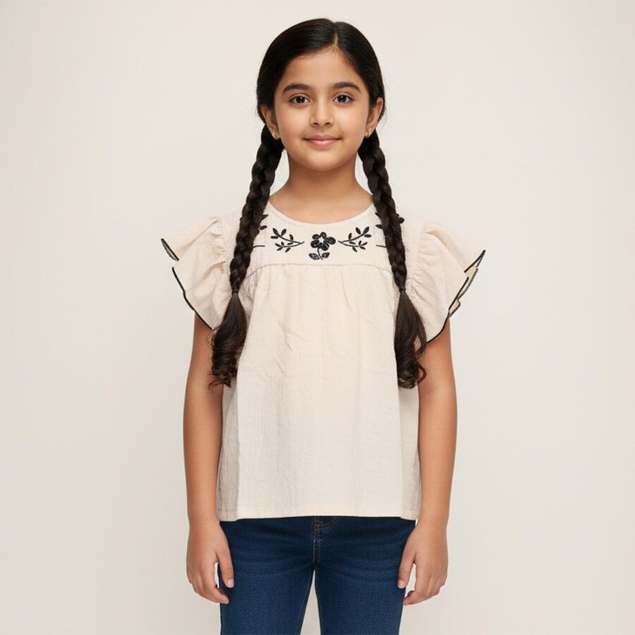 Girls' Off-White Round Neck Casual T-Shirt, ऑफ व्हाइट, large image number null