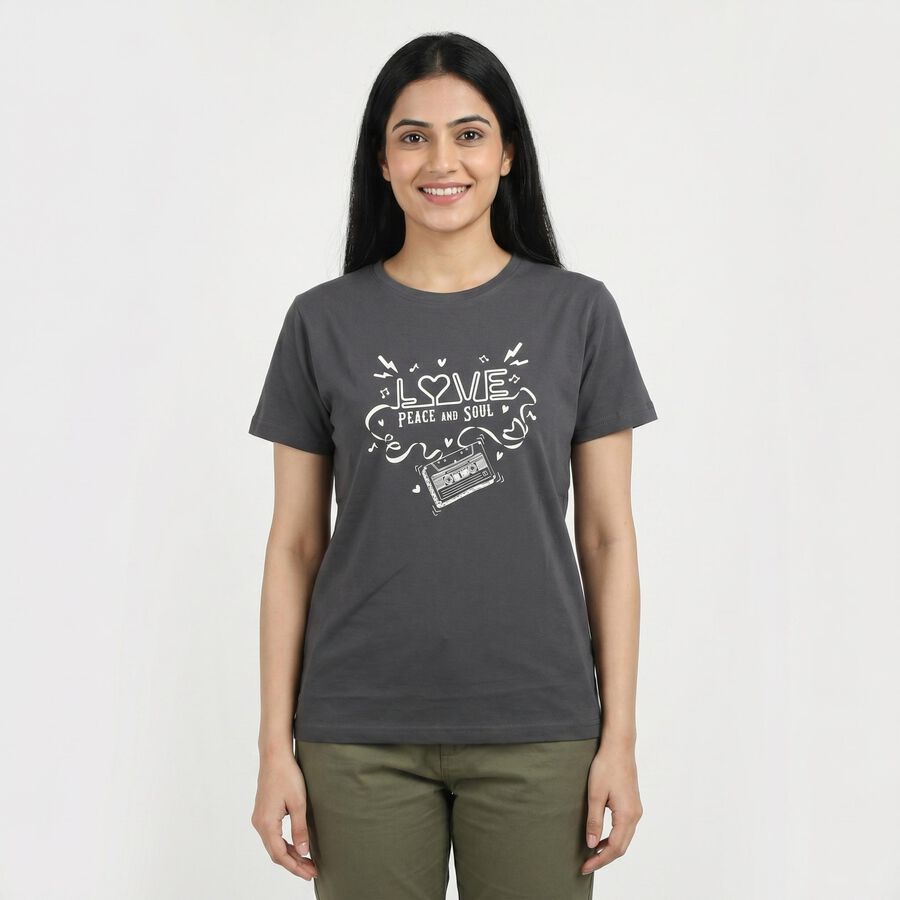 Women's Grey Round Neck Casual T-Shirt, Dark Grey, large