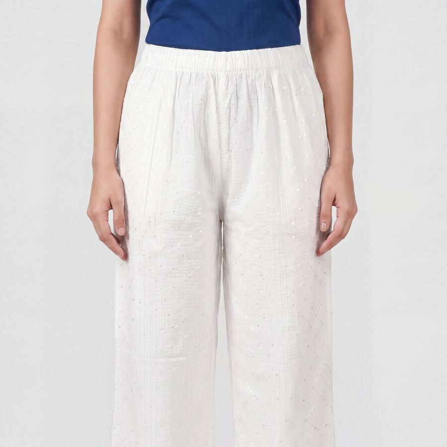 Women's Off White Wide-Leg Solid Palazzos, ऑफ व्हाइट, large