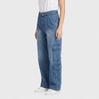 Women's Blue Wide Leg Cargo Jeans, मध्यम नीला, small