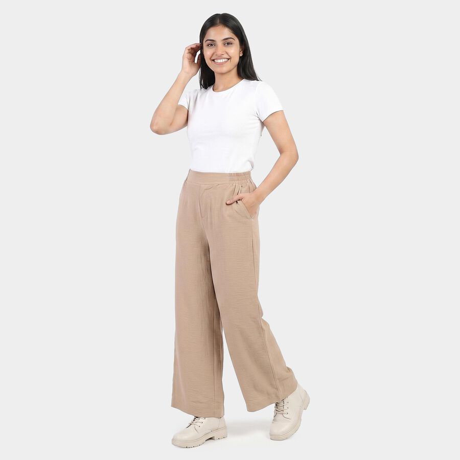 Women's Beige Wide-Leg Elastic Waist Trousers, Beige, large