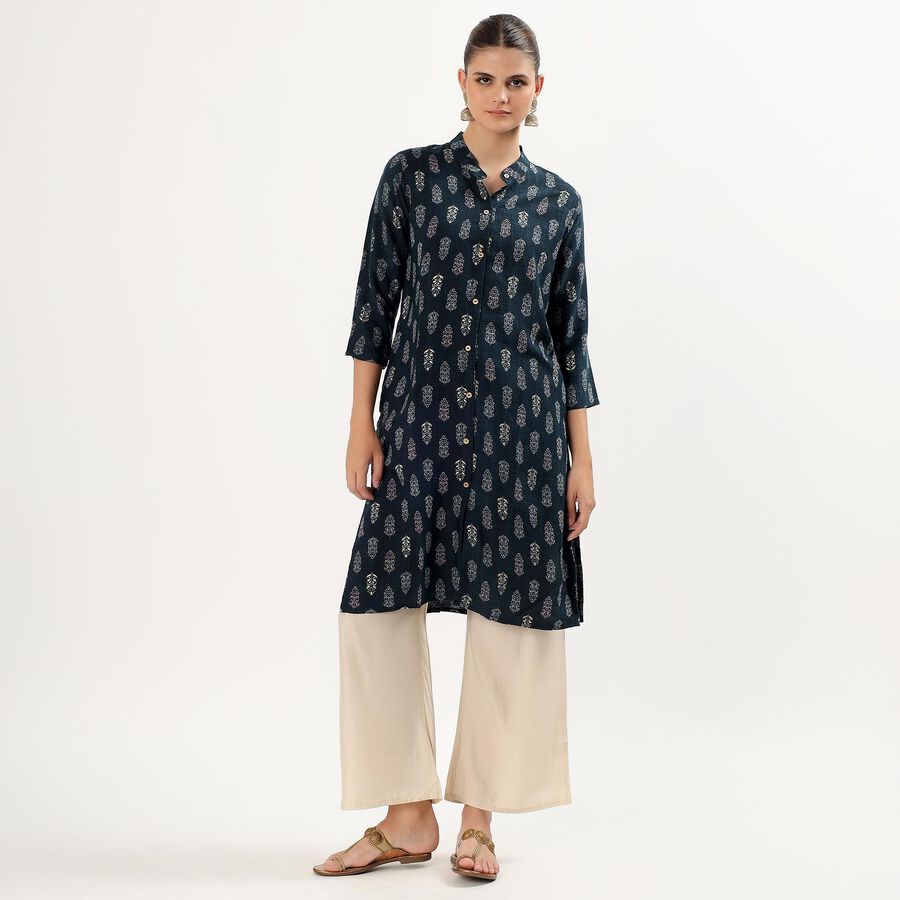 Women's Dark Midnight Blue Mandarin Collar Printed Kurta, Teal Blue, large image number null