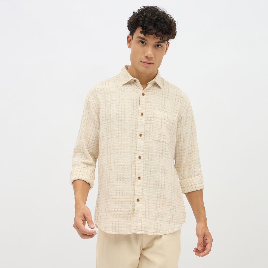Men's Beige Cotton Classic Casual Shirt, Off White, large