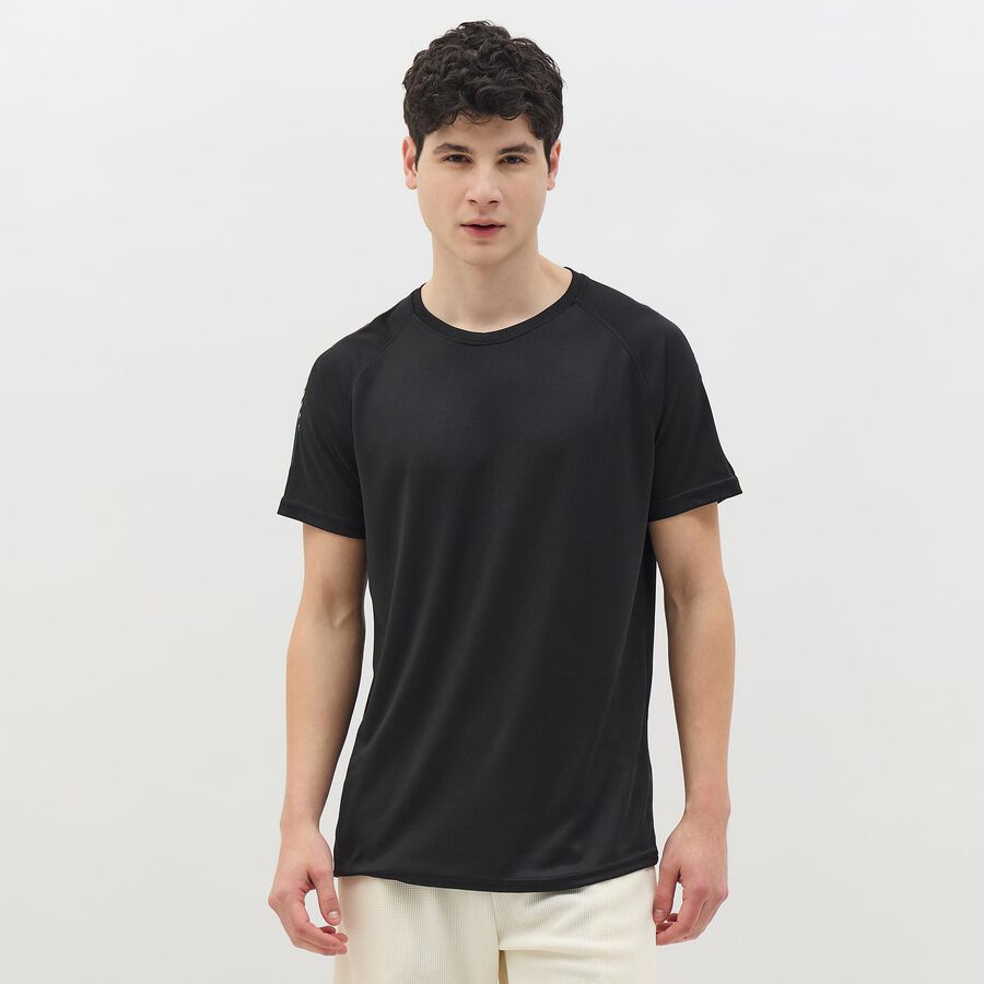Men's Jet Black Round Neck Casual T-Shirt, Black, large