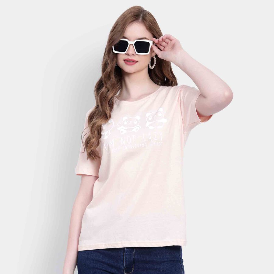 Printed Round Neck T-Shirt, Peach, large image number null
