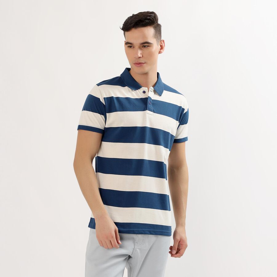Men's Navy Blue and White Polo Collar Casual T-Shirt, Mid Blue, large image number null