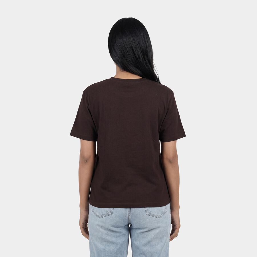 Women's Brown Cotton Round Neck Casual T-Shirt, Brown, large