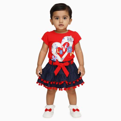 Infants' Bright Red Cotton Puff Sleeve Top and Layered Skirt Set