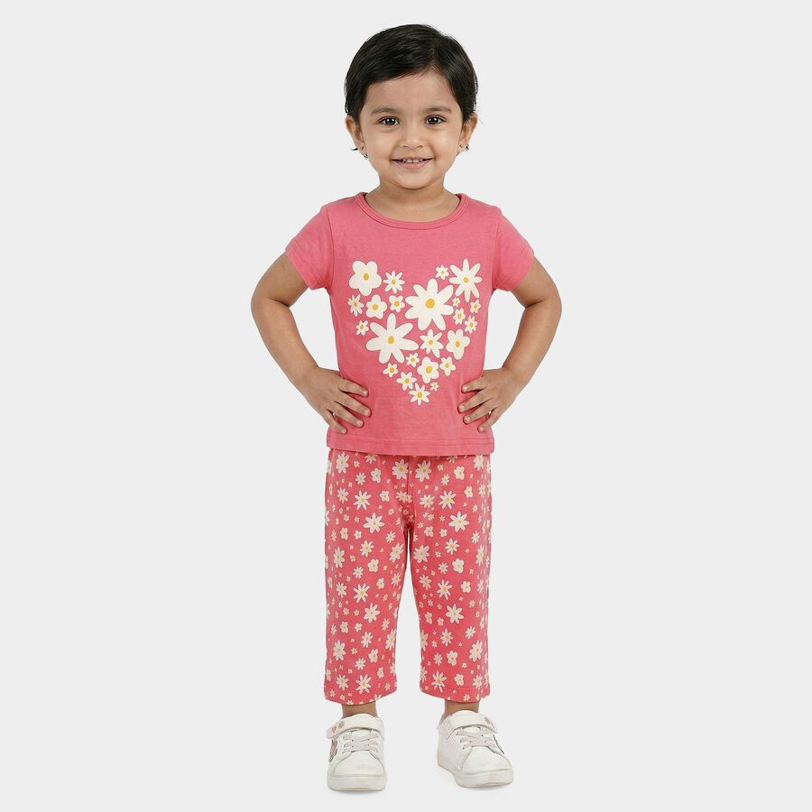 Girls Pink Round Neck Casual Top and Capri Set, गुलाबी, large