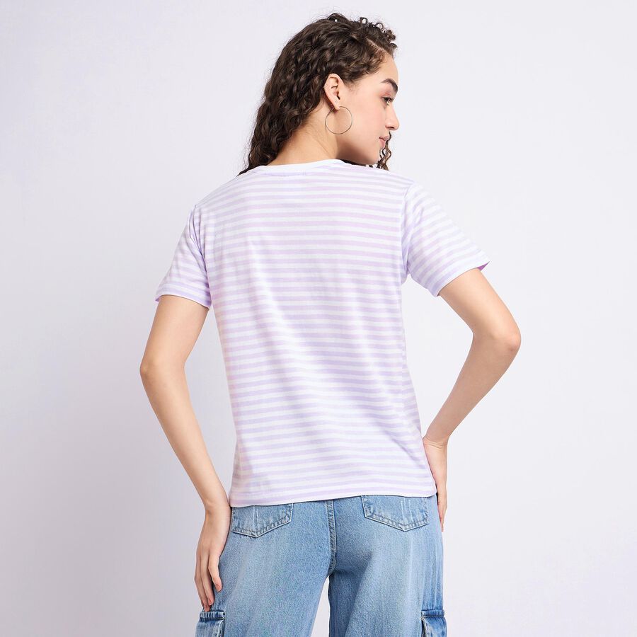 Ladies'  Stripes Round Neck T-Shirt, Lilac, large