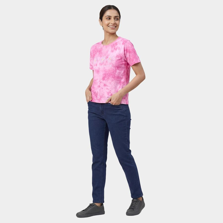 Women's Pink Cotton Round Neck Casual T-Shirt, गुलाबी, large