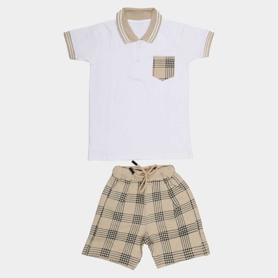 Boys' White Cotton Polo Neck Plaid Baba Suit, White, large