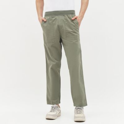 Men's Muted Olive Green Slim Fit Elastic Waist Casual Trousers
