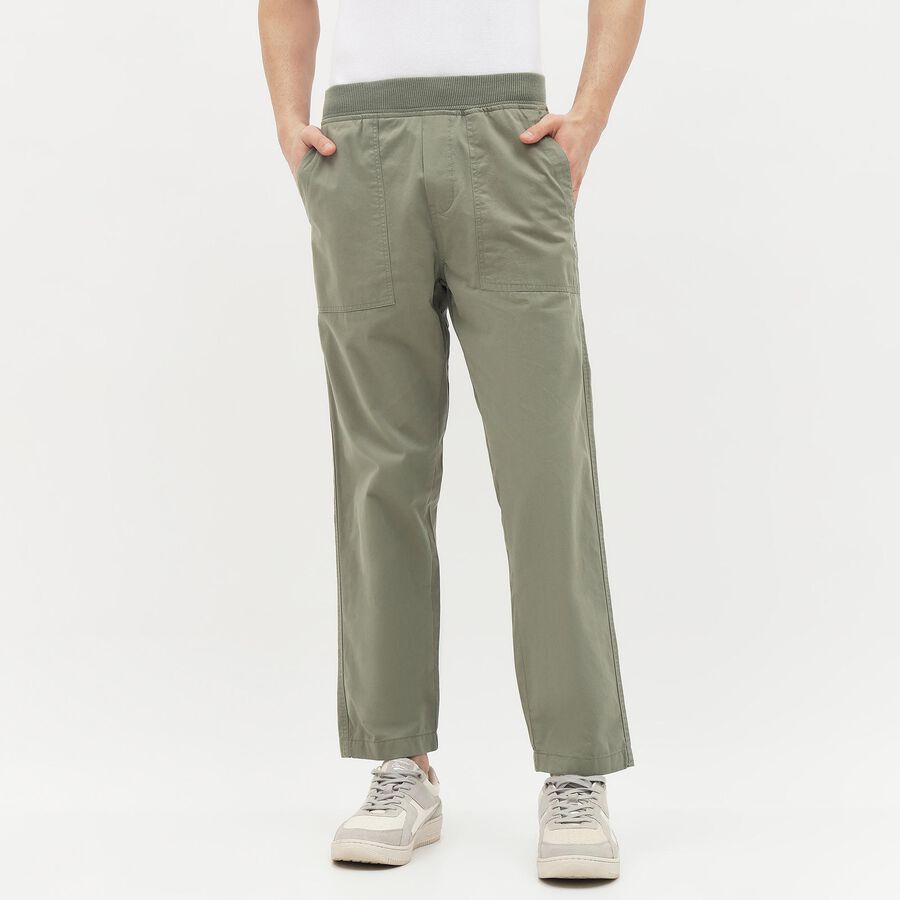 Men's Muted Olive Green Slim Fit Elastic Waist Casual Trousers, Light Green, large