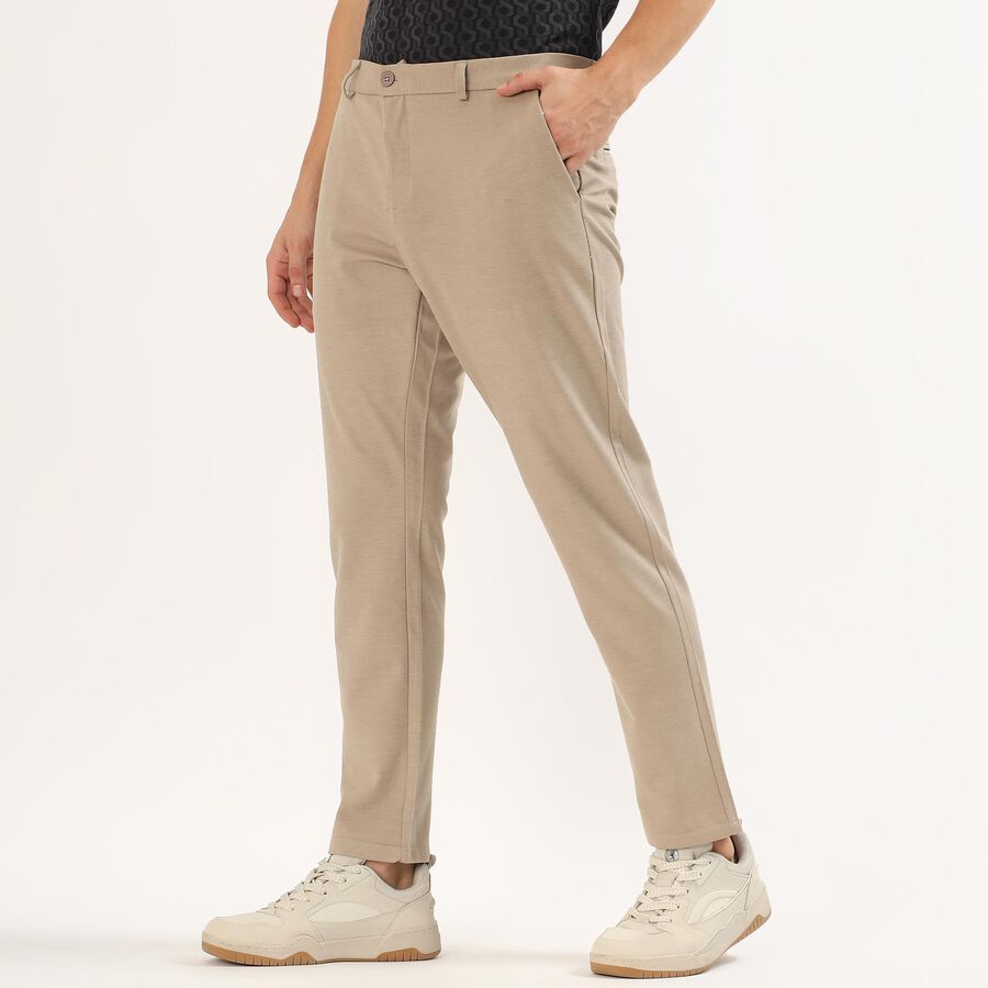 Men's Muted Beige Slim Fit Flat-Front Casual Trousers, गहरा पीला, large image number null