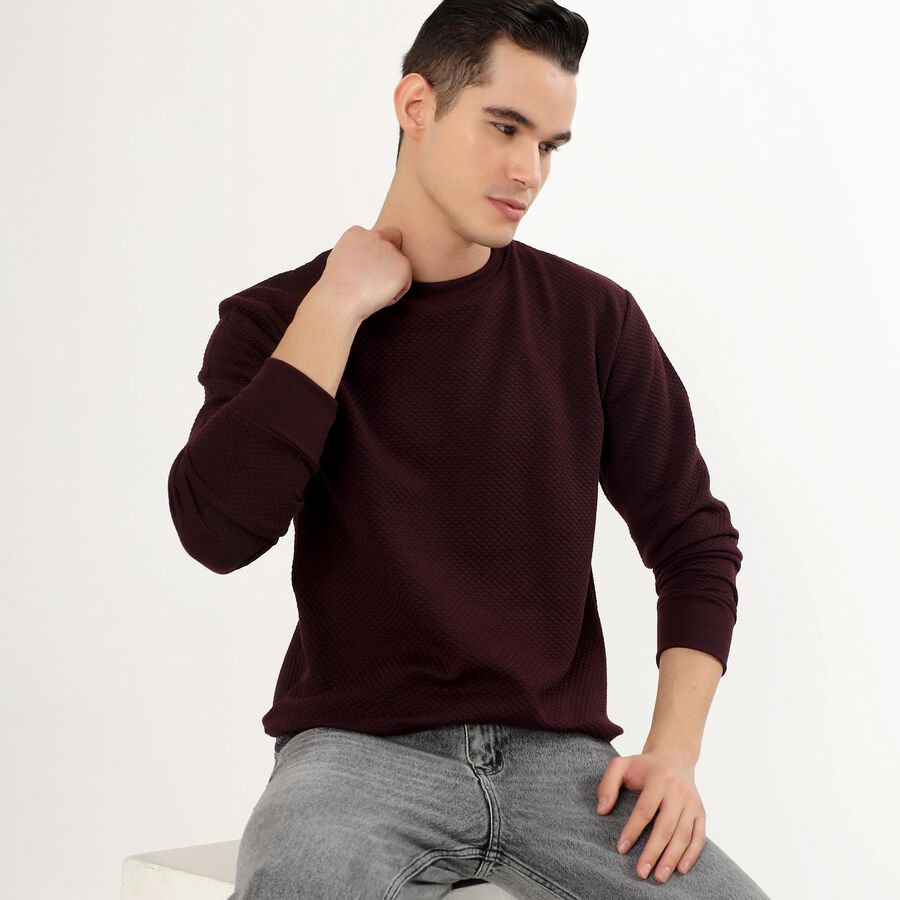 Men's Deep Burgundy Crew Neck Textured Sweatshirt, Wine, large image number null