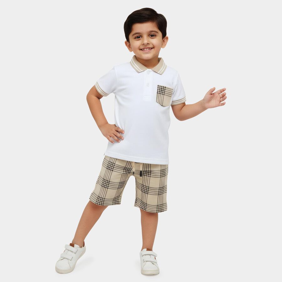 Boys' White Cotton Polo Neck Plaid Baba Suit, White, large