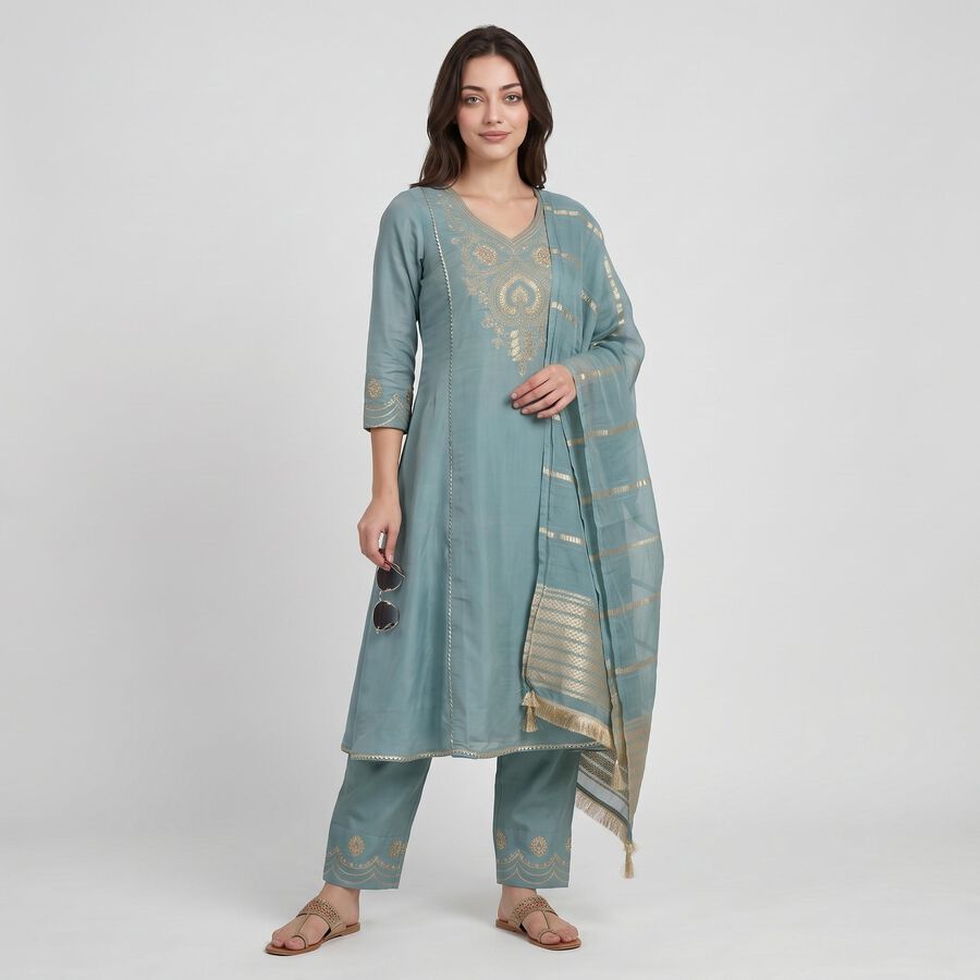 Women's Aqua Embroidered Ethnic Set, Aqua, large