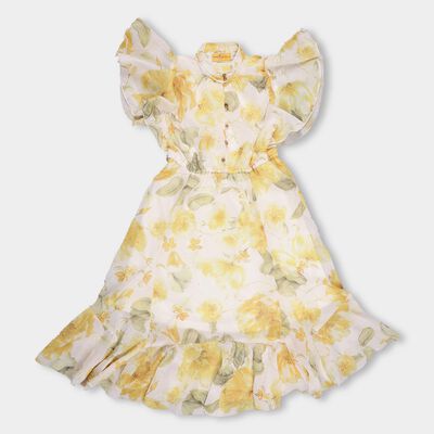 Girls' Bright Yellow Ruffle Sleeve Bohemian Dress