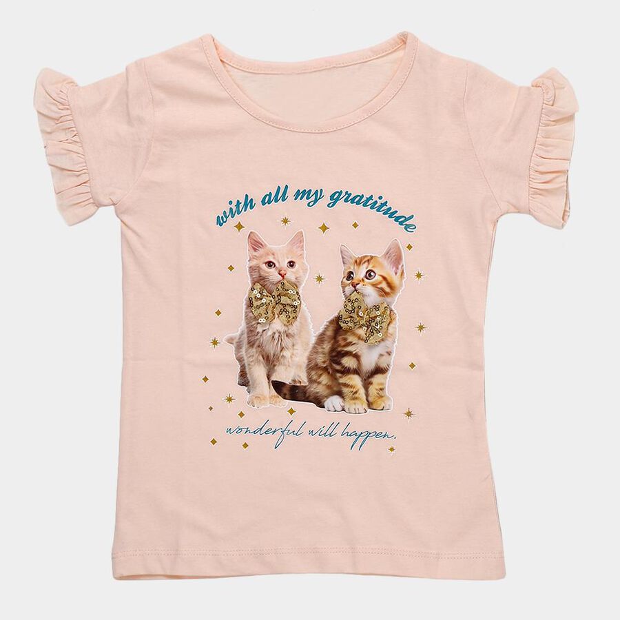 Girls' Pink Cotton Round Neck Casual T-Shirt, Light Pink, large