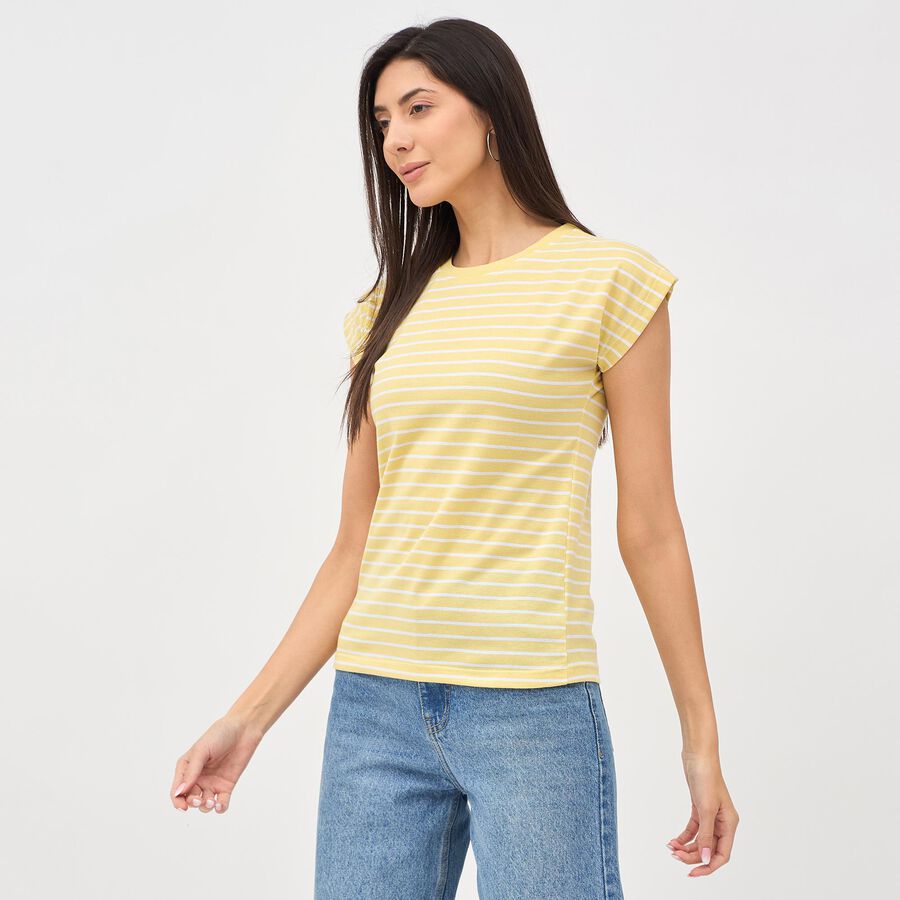 Women's Soft Yellow Round Neck Striped T-Shirt, Khaki, large image number null