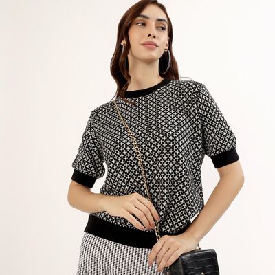 Women's Black Cotton Round Neck Geometric Top
