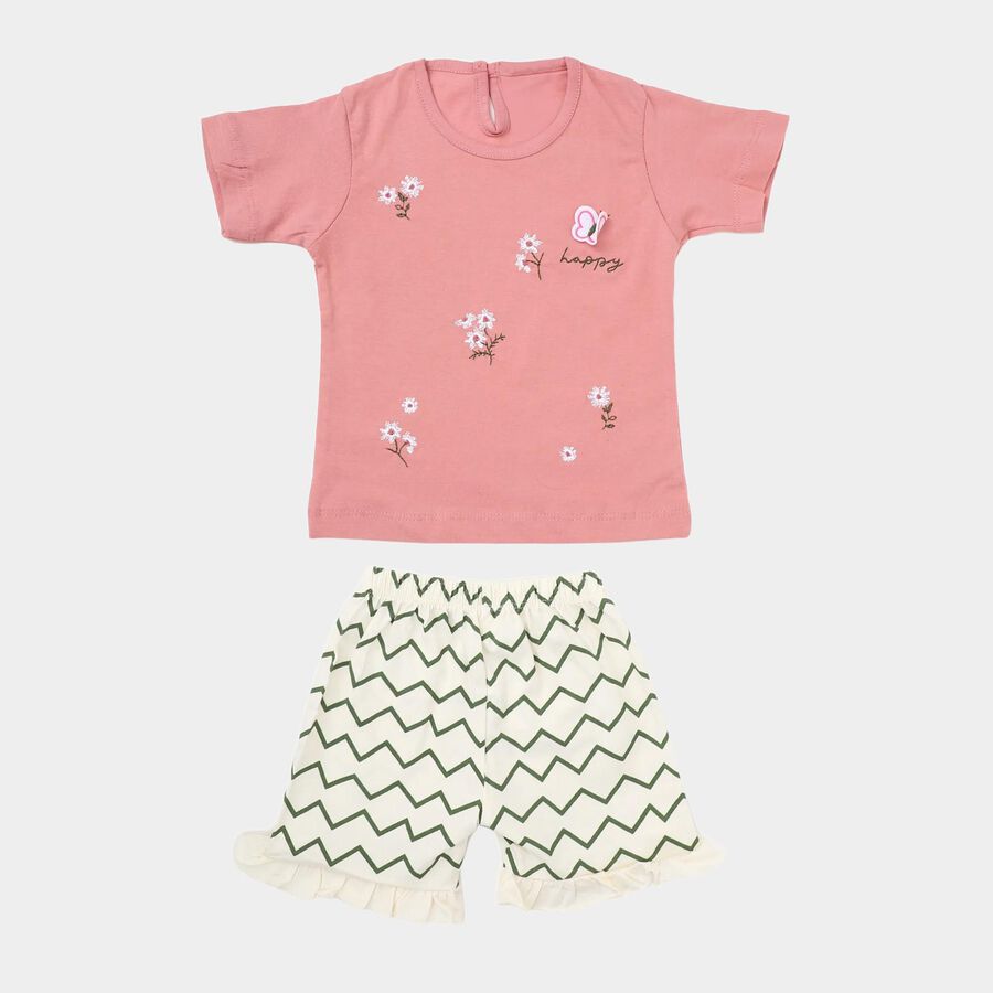 Infants Light Pink Cotton Crew Neck Casual Top and Shorts Set, Light Pink, large