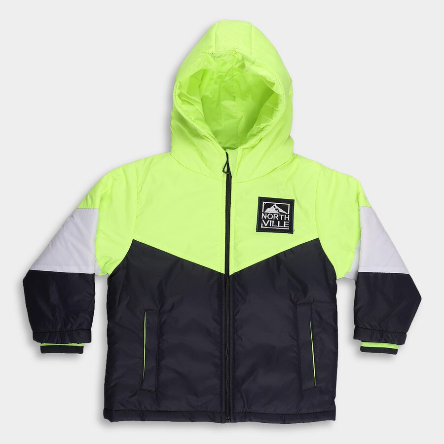Boys Neon Green and Navy Hooded Casual Jacket, हल्का हरा, large image number null