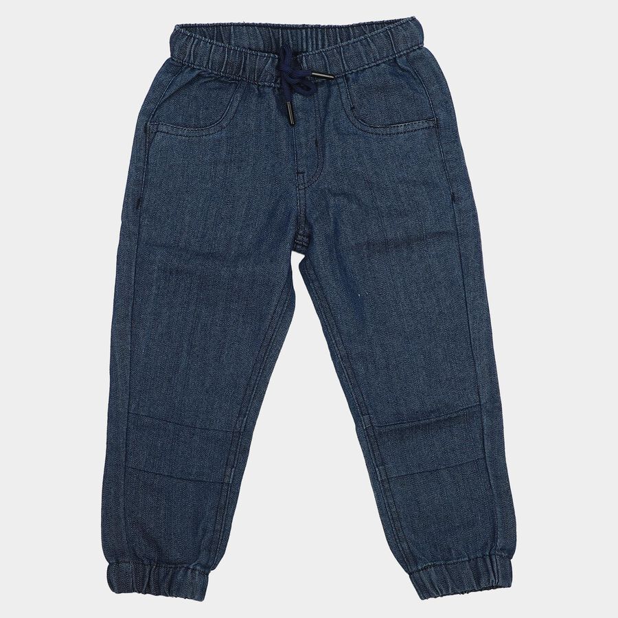 Boys' Navy Blue Jogger Fit Paneled Jeans, गहरा नीला, large