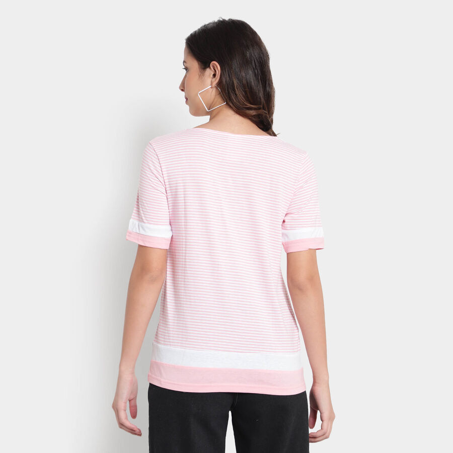 Cotton Stripes Round Neck T-Shirt, Light Pink, large image number null