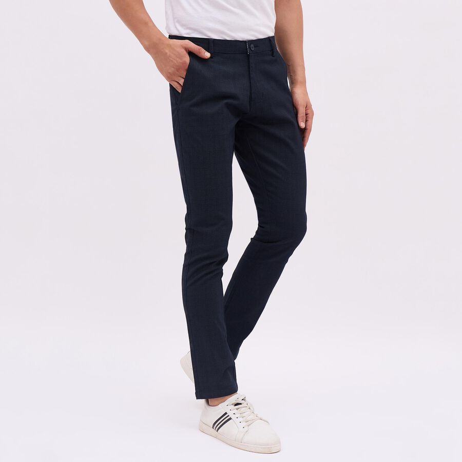 Men's Blue Slim Fit Printed Casual Trousers, Navy Blue, large image number null