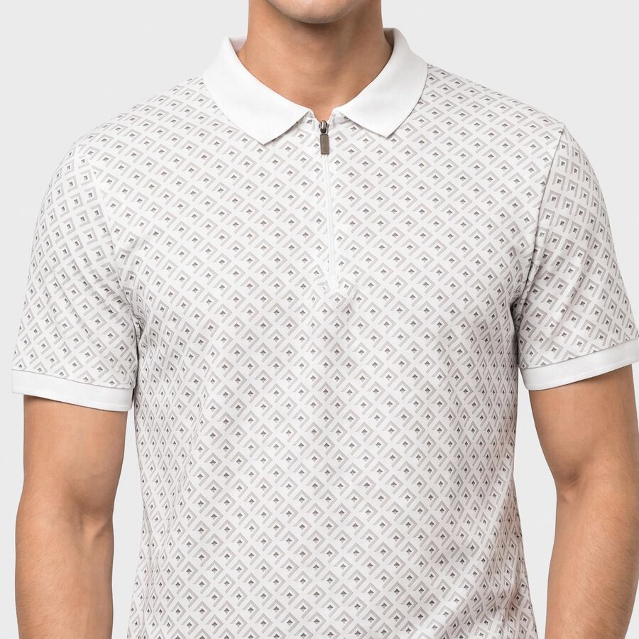 Men's White Cotton Polo Neck Printed T-Shirt, White, large