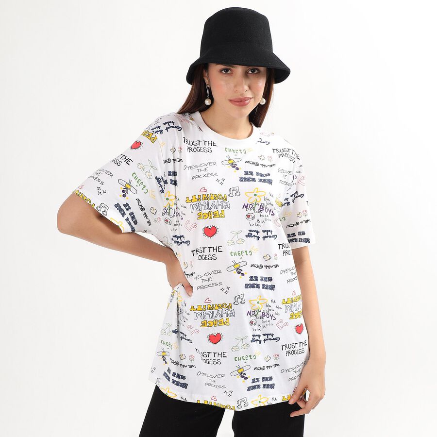 Women's White Cotton Round Neck Casual Printed T-Shirt, सफ़ेद, large image number null