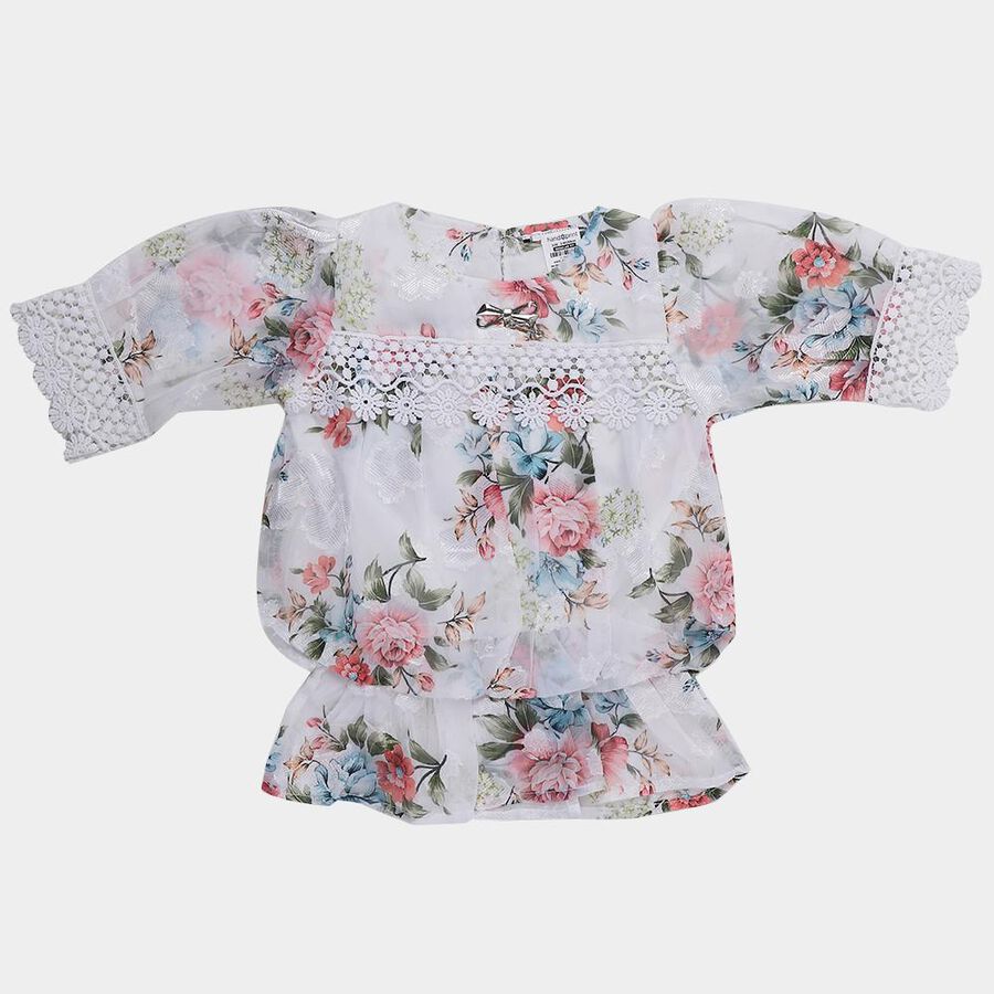 Girls White Round Neck Romantic Floral T-Shirt, White, large