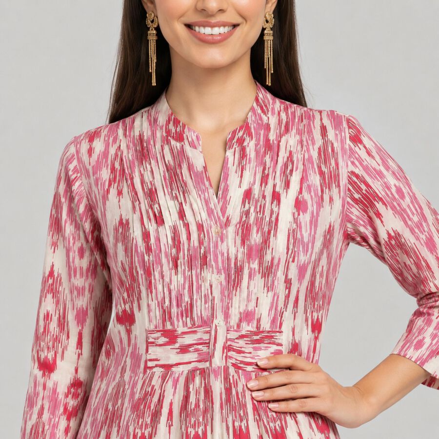 Women's Fuchsia Notch Neck Ikat Printed Kurti, Fuchsia, large