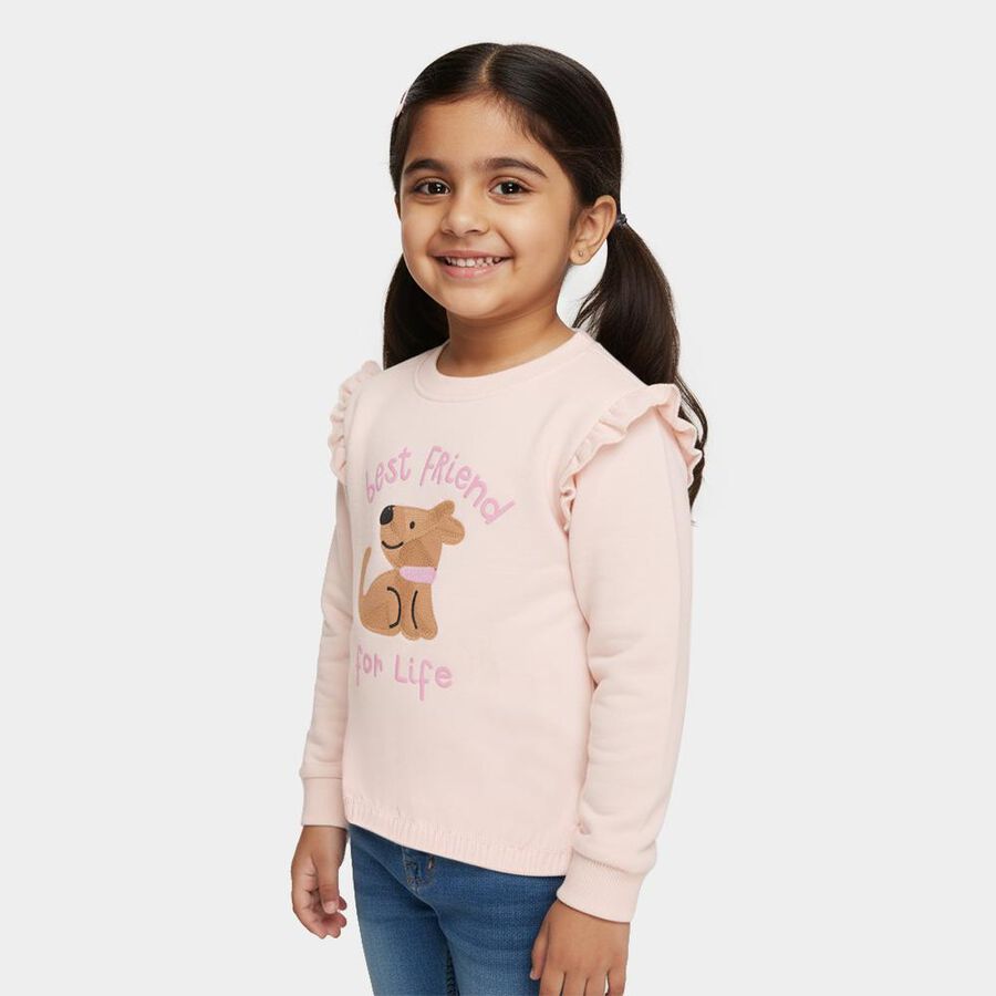 Girls Light Pink Crew Neck Ruffle Sleeve Graphic Sweatshirt, Light Pink, large image number null