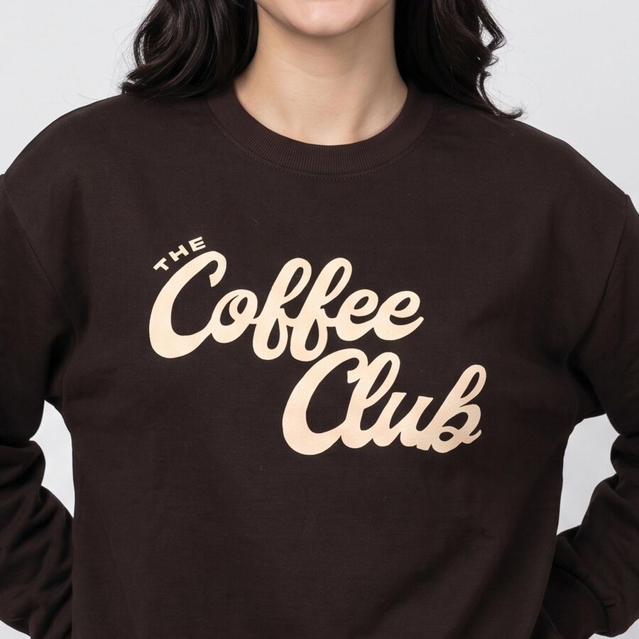 Women Brown Crew Neck Graphic Print Sweatshirt, भूरा, large