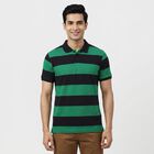 Men Green Polo Neck Striped T-Shirt, Dark Green, small