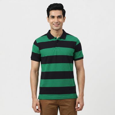 Men Green Polo Neck Striped T-Shirt