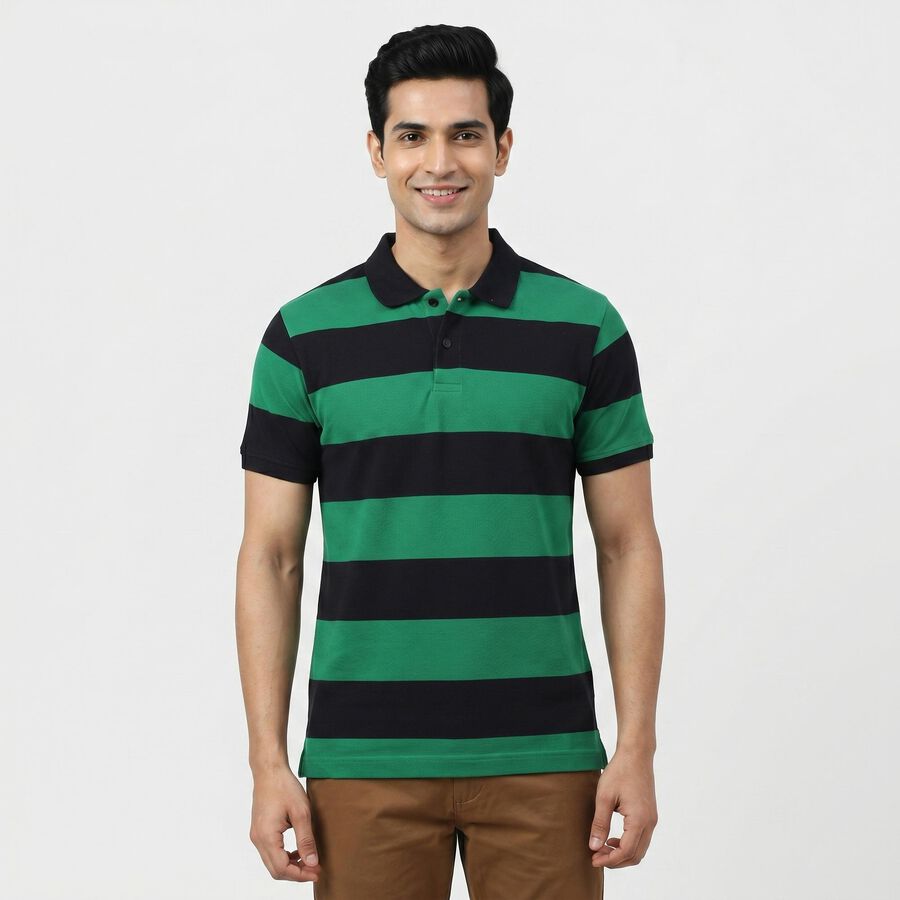 Men Green Polo Neck Striped T-Shirt, Dark Green, large