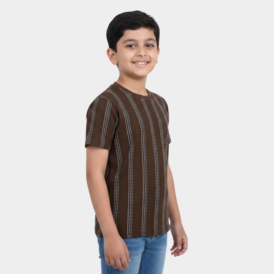Boys Brown Round Neck Striped Boys T-Shirt, Brown, large