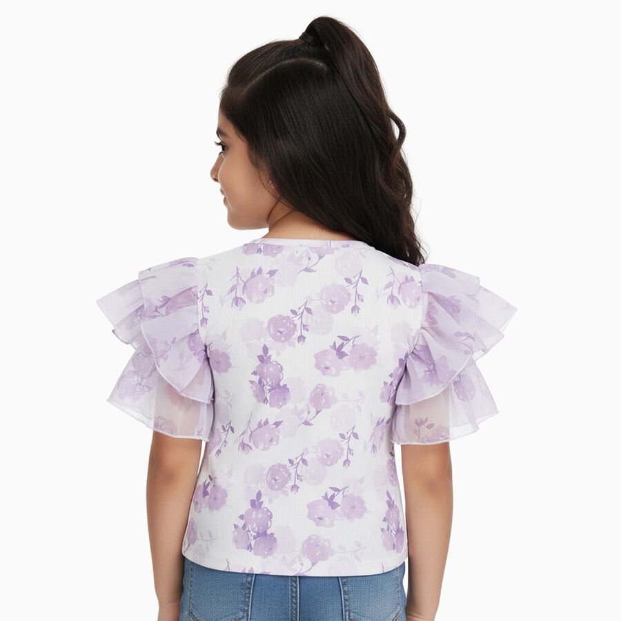 Girls' Soft Lavender Purple Round Neck Casual Floral Printed T-Shirt, लाइलेक, large