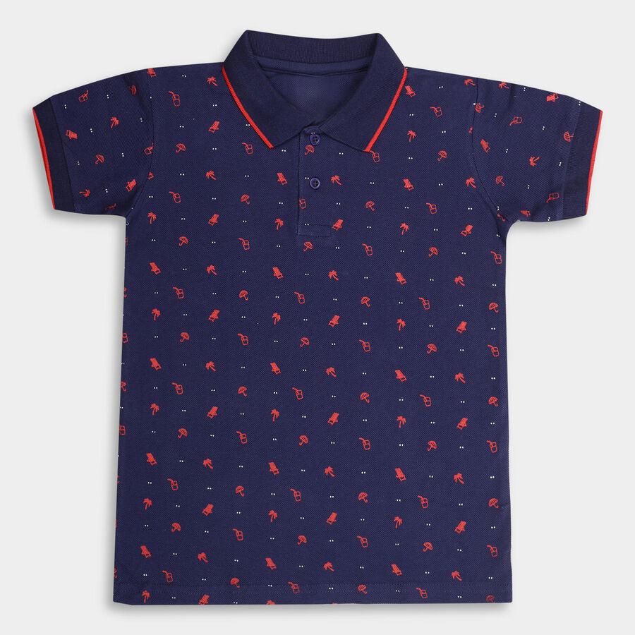 Boys' Deep Midnight Navy Blue Cotton Collar Half Sleeves T-Shirt, Navy Blue, large image number null