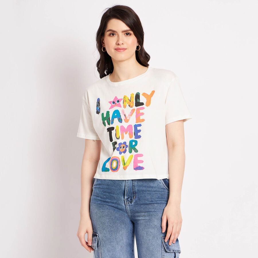 Cotton Round Neck T-Shirt, Off White, large image number null