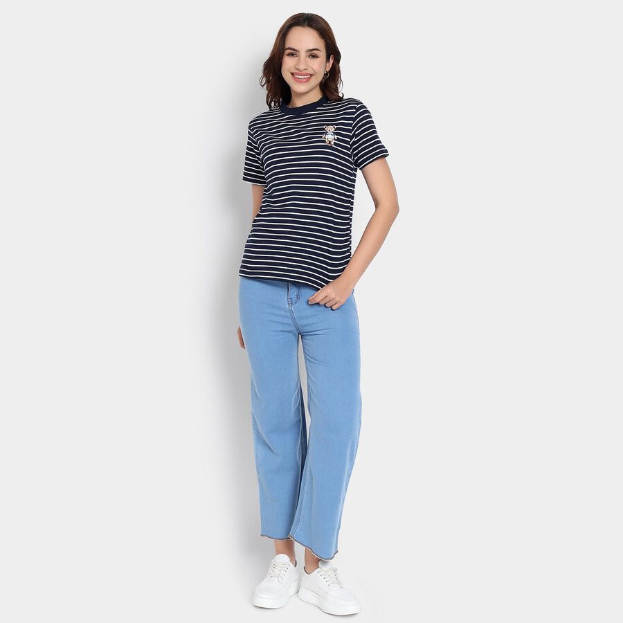 Ladies'  Stripes Round Neck T-Shirt, नेवी ब्लू, large image number null
