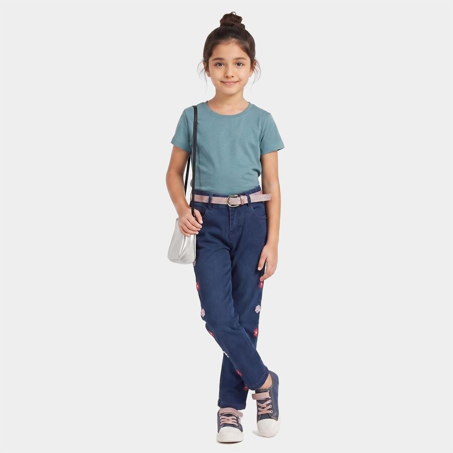 Girls' Navy Blue Straight Fit Embroidered Jeans, गहरा नीला, large
