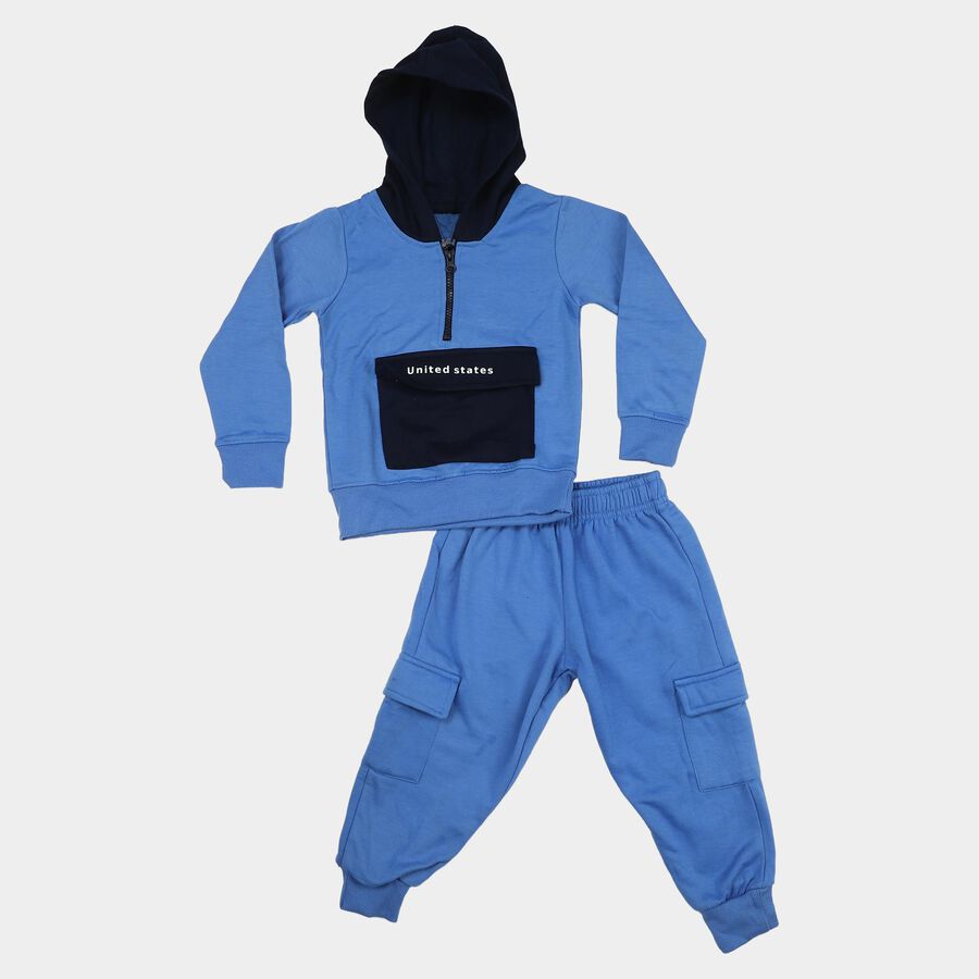 Boys Light Blue Hooded Neck Colorblock Baba Suit, Mid Blue, large