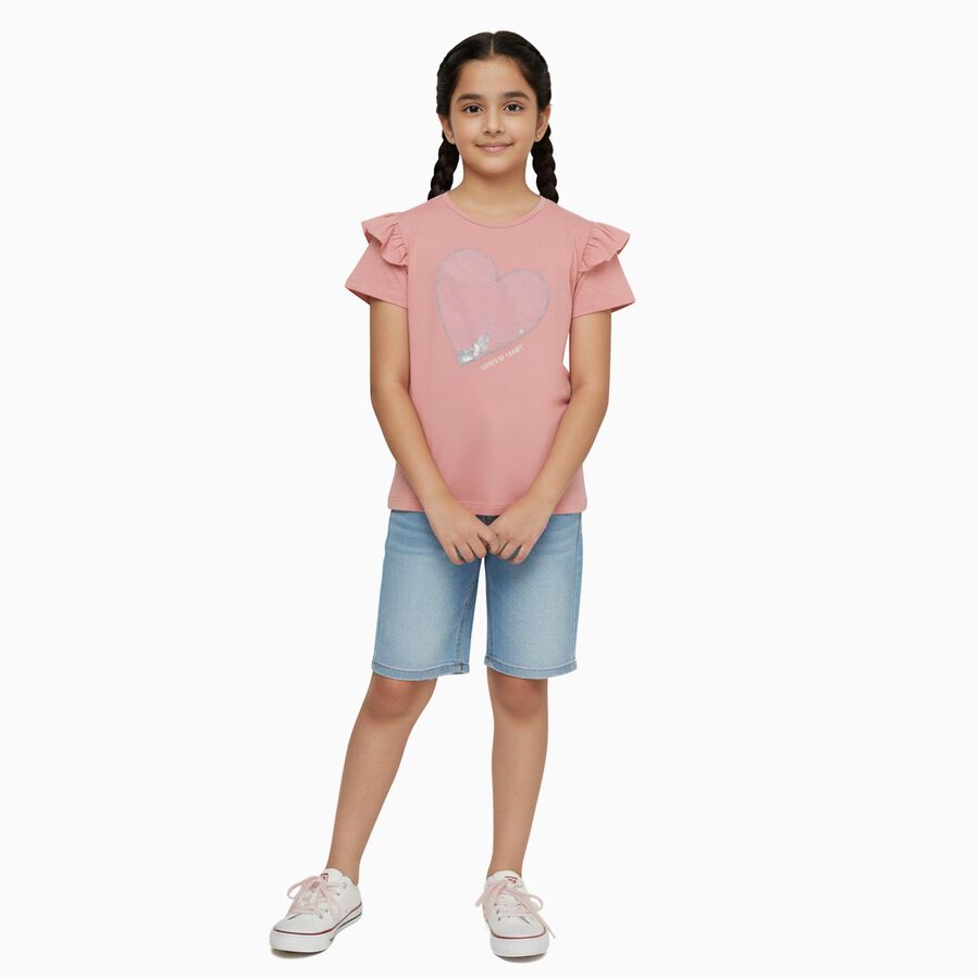 Girls Light Pink Cotton Round Neck Casual T-Shirt, हल्का गुलाबी, large image number null